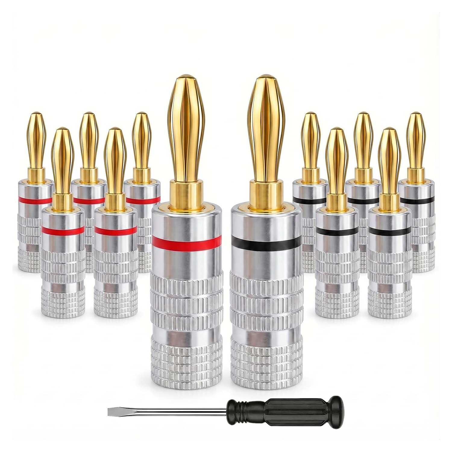 Benzera Banana Plugs, Solderless 24K Gold Plated 4mm Speaker Wire Connectors | 6 Pairs / 12 Pcs Dual-Screw Type for Home Theater, Wall Plates, Audio/Video Receivers and Amps (Aluminum Shell)