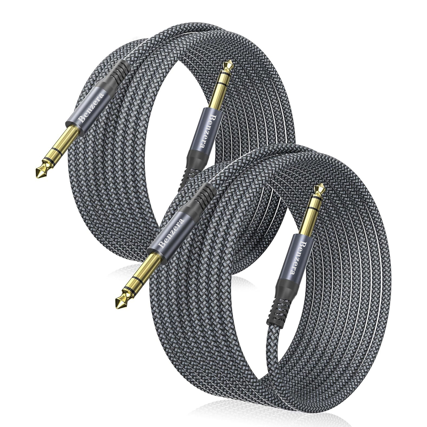 Benzera Professional 1/4" TRS Instrument Cable 15ft (2-Pack), Balanced Audio Cable for Studio, Live Sound Musical Instruments